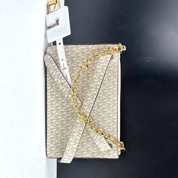 Michael Kors Handbags - Michael Kors Beige Logo Crossbody Bag with Gold Chain